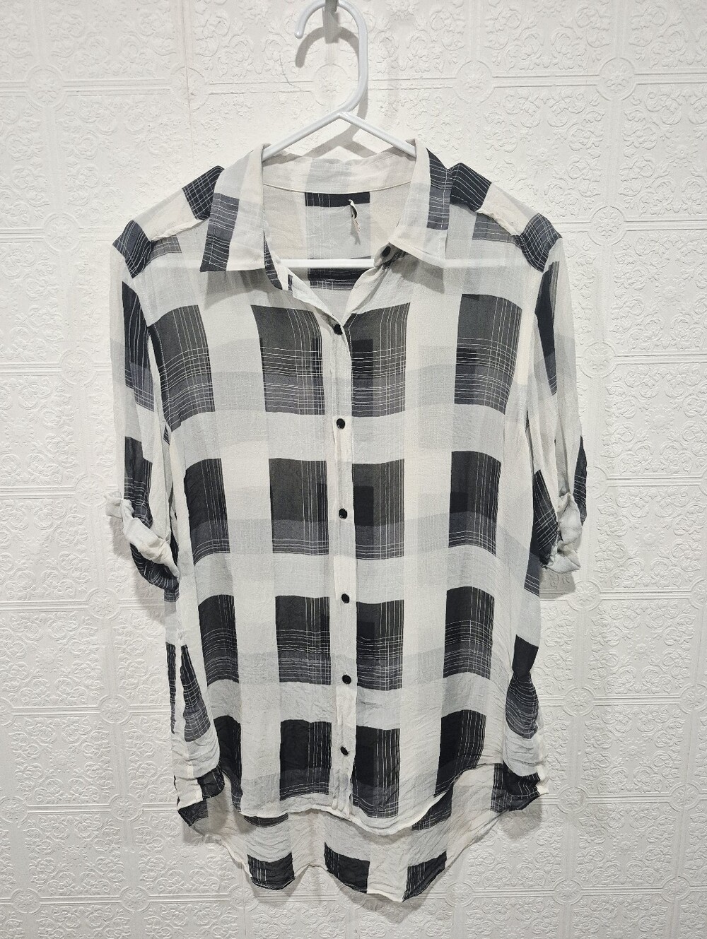 Aritzia Wilfred Silk Plaid Button-Down Shirt Sheer Tunic Blouse Black Cream